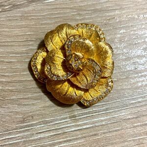 Vintage Christian Dior Camellia Flower Rhinestone Gold Tone Brooch
